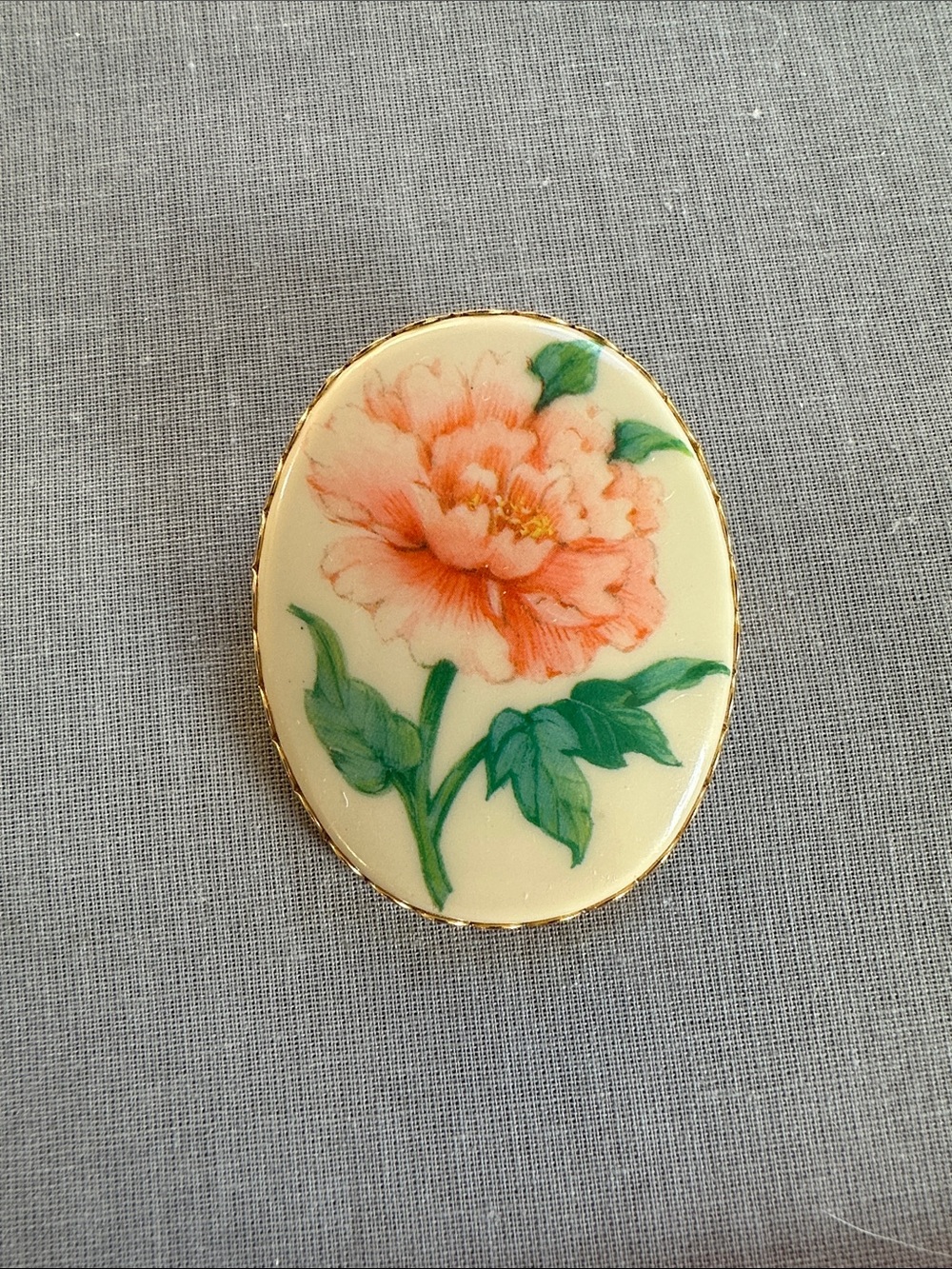 Floral Porcelain Oval Brooch with Peach Pink Peony - hallmark